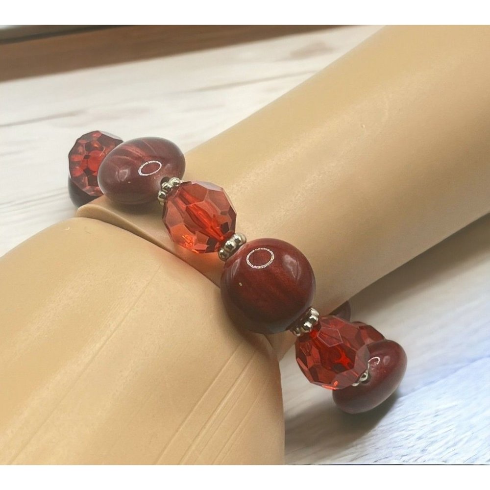 Vintage Deep Red Beaded Stretch Bracelet Faceted Smooth Silver Tone